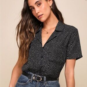 Lulus Siz M Black and White Polka Dot Button Down Shirt